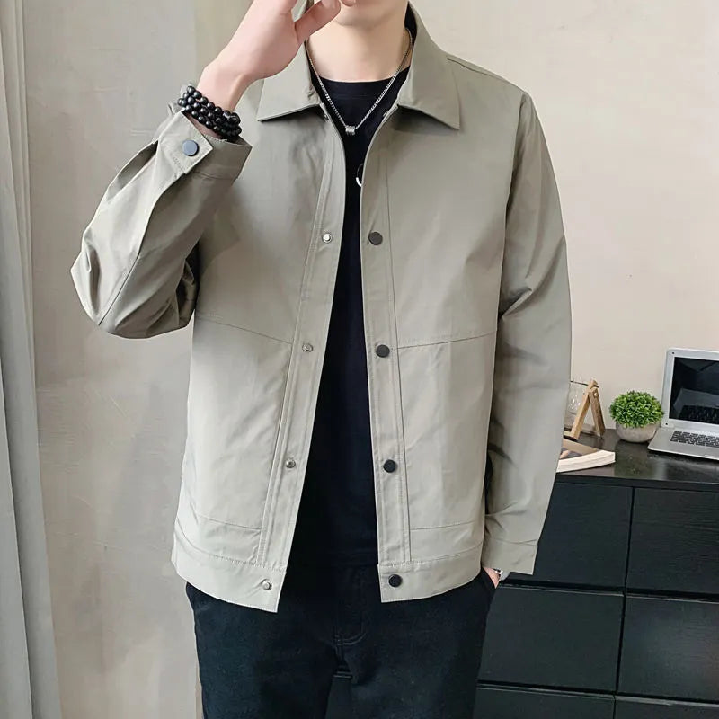 Men's Korean style thin polyester jacket for spring and autumn wear in black, grey, or blue