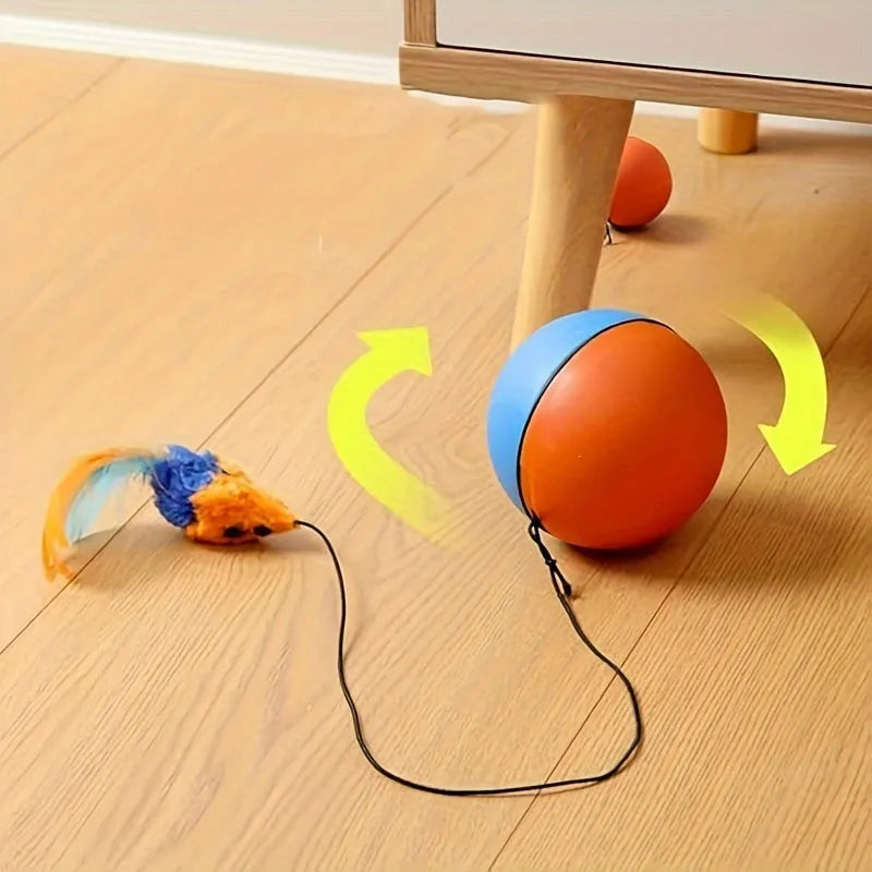 Orange and blue interactive motorised cat toy ball with a plush mouse inside, showing its compact size.