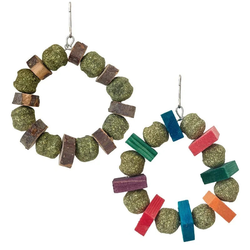 Hamster toy with applewood chew rod and woven straw ball ring for small pet enrichment