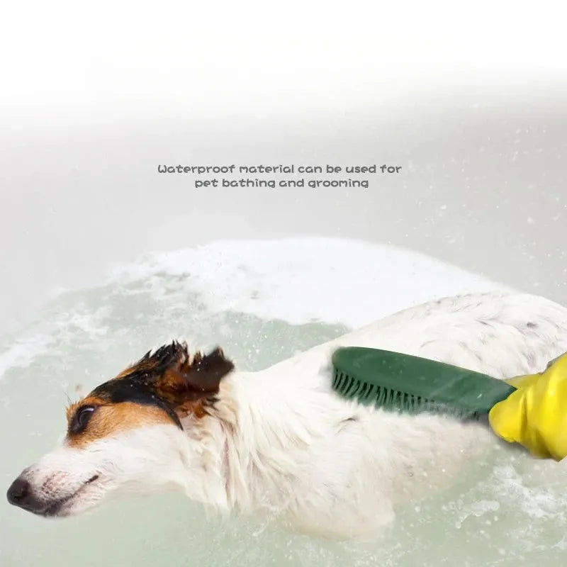 Green silicone pet brush with removable hair collector for grooming dogs, cats, and removing hair from clothes.