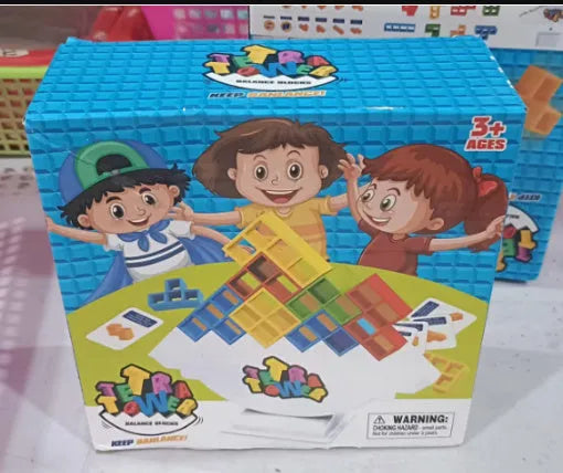 Plastic balance stacking board game with coloured blocks, chassis, and base for kids and adults.