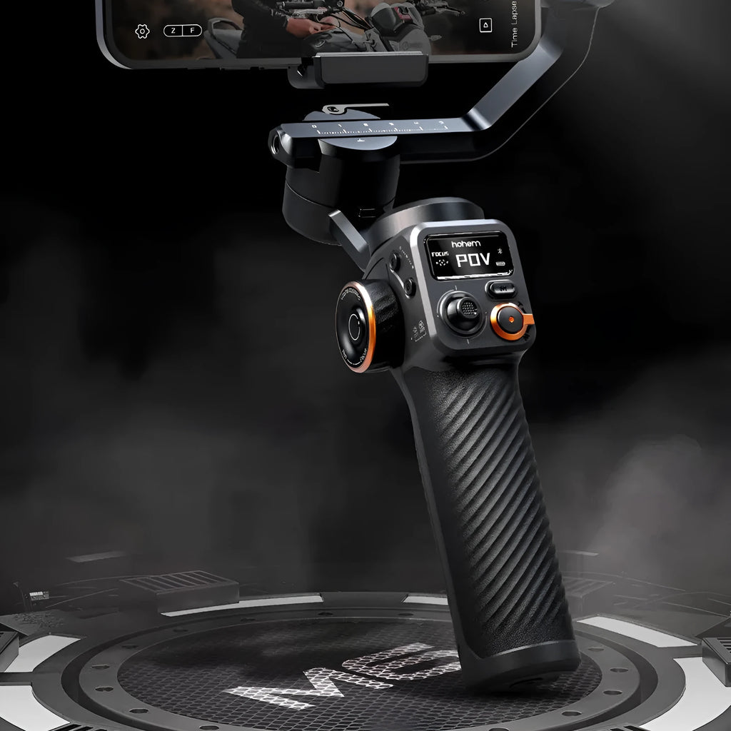 Black AI face tracking three-axis smartphone stabiliser with magnetic fill light mounted on tripod