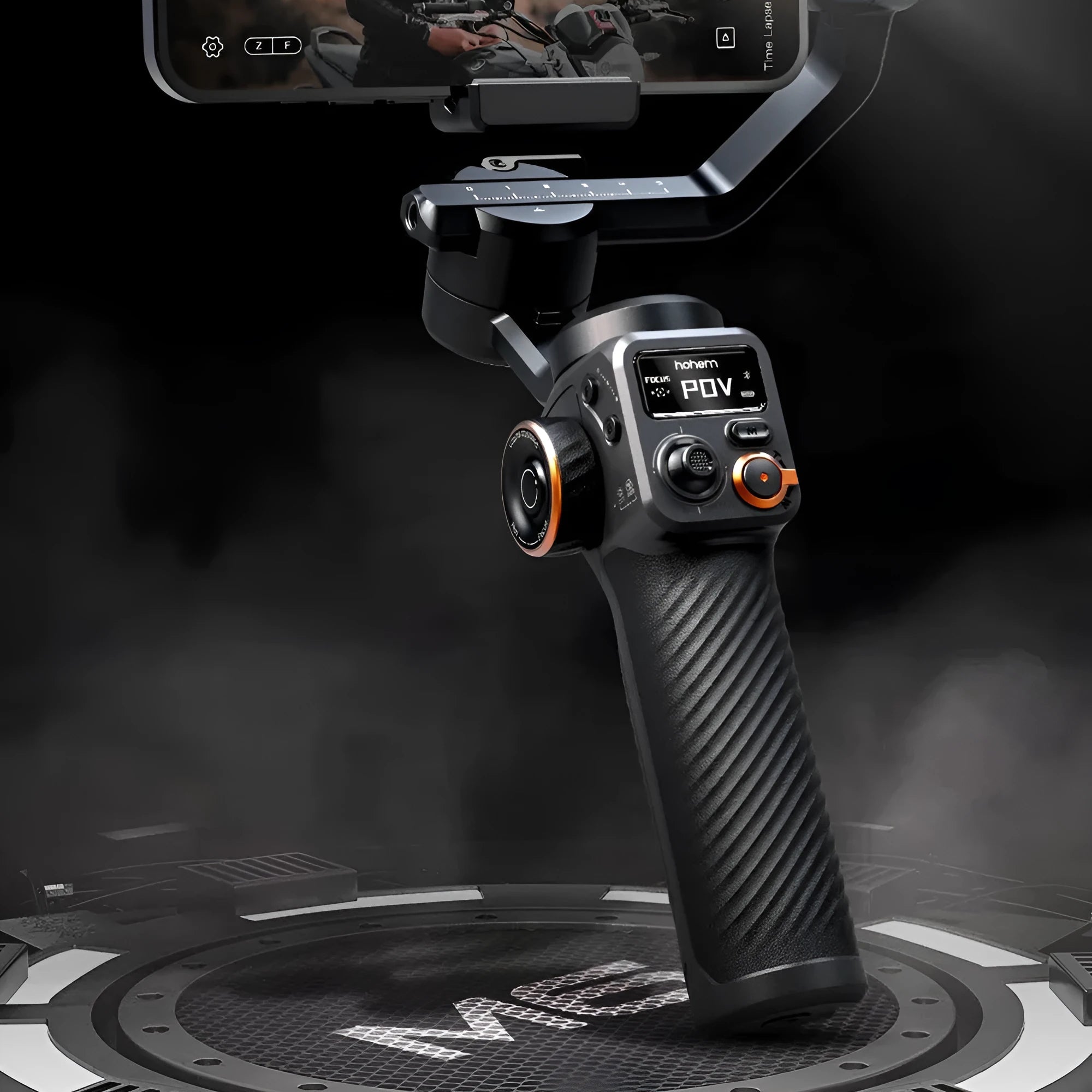 Black AI face tracking three-axis smartphone stabiliser with magnetic fill light mounted on tripod