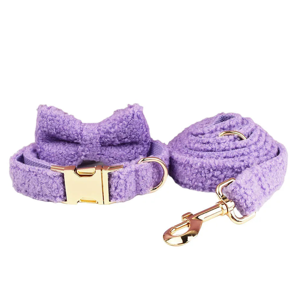 Purple cloth dog collar, leash, bow and vest set for small breed coordination