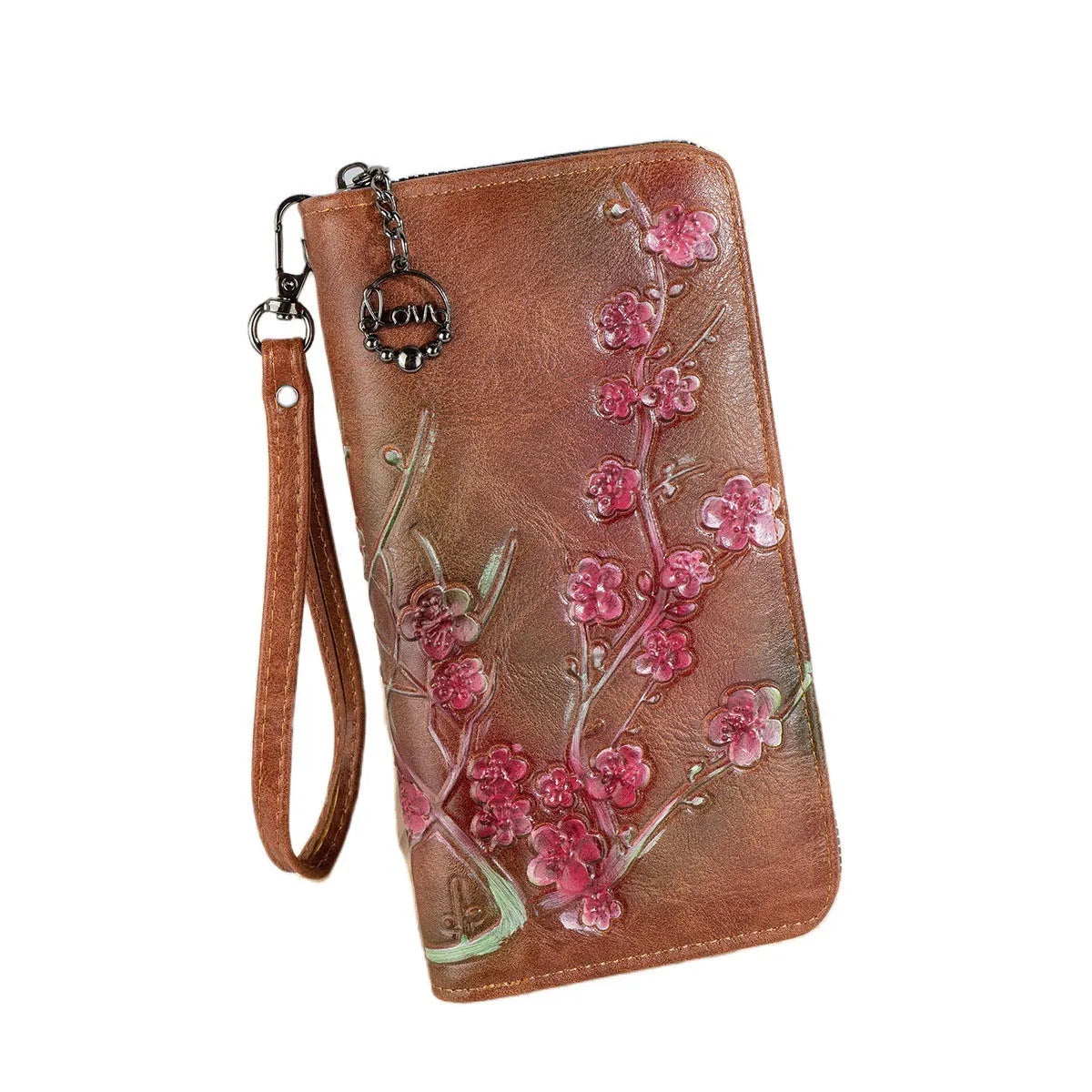Embossed floral handbag with retro styling and zipper closure