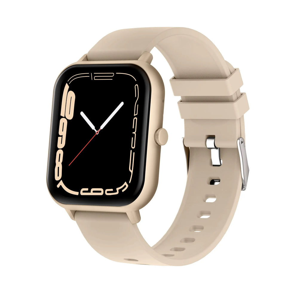 Bluetooth smart watch in black on wrist, showing heart rate and step count on its colour touchscreen.