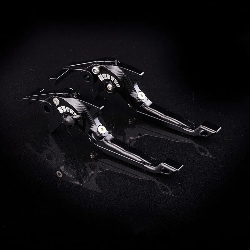 Pair of anodised aluminium motorcycle brake and clutch levers with six-speed adjustable length mechanism