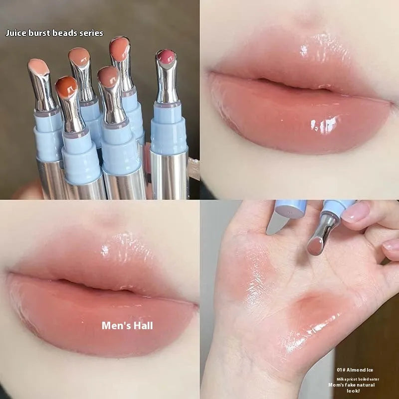 Mirror Water Light Lip Gloss Lipstick in six sheer shades: Almond Ice, Silver Ice, Pear Ice, Raspberry Ice, Peach Gum Ice, Pomegranate Ice.