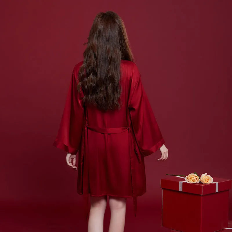 Red long sleeve men's and women's polyester sleepwear suit set for wedding dowry or home use.