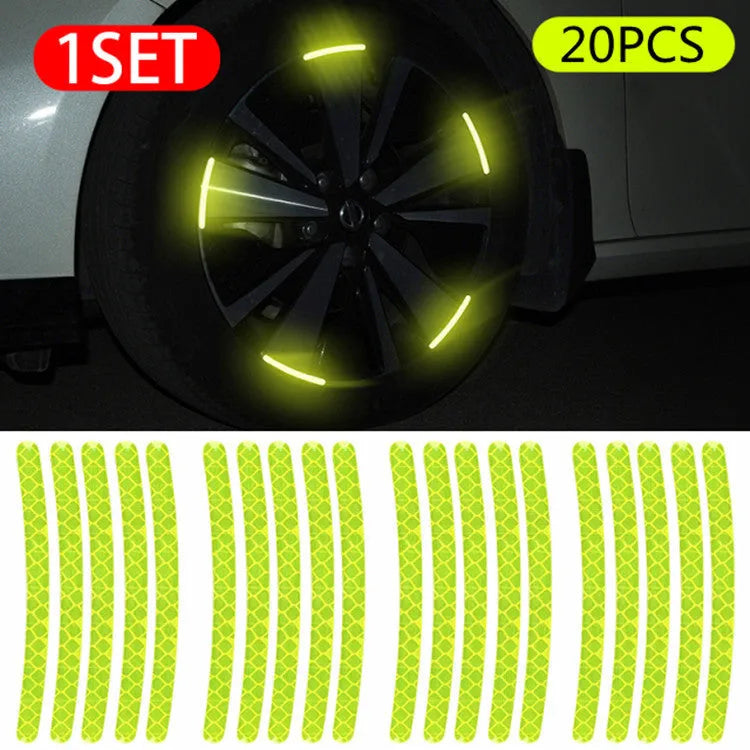 20-piece pack of arc-pattern reflective wheel hub stickers in multiple colour options