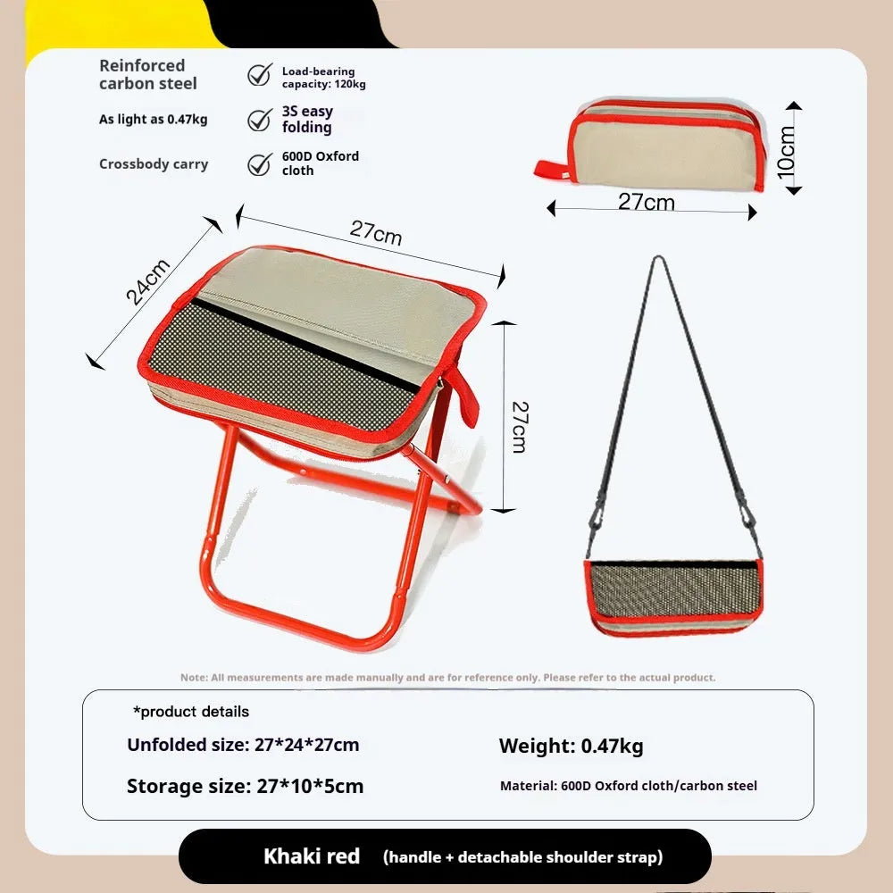 A foldable outdoor camping stool in Oxford cloth, shown in a khaki colour, folded compactly.