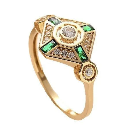 Square geometric women's fashion ring with electroplated lvzuan finish shown in ins style
