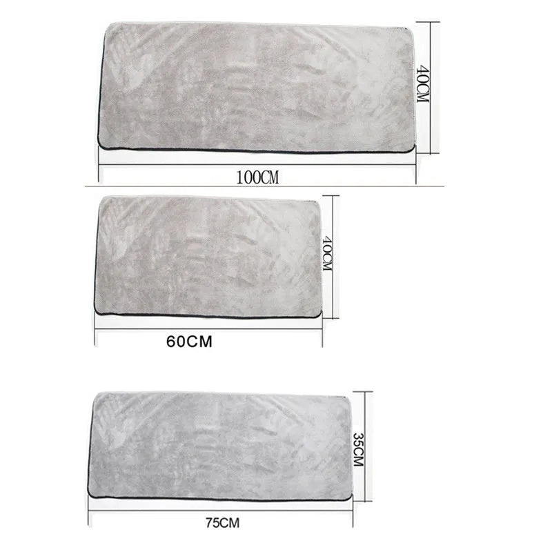 Microfiber car wash towel shown in three size options for vehicle drying