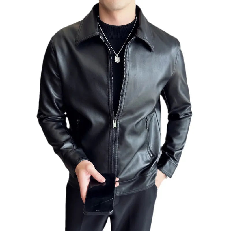Men's black PU leather casual jacket with zip-up front and multiple pockets