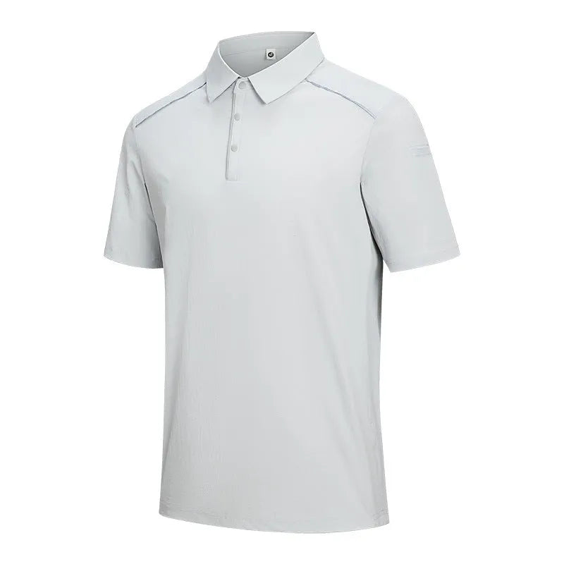 Men's solid colour quick-dry polo shirt on a hanger showing short sleeves and regular fit.