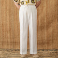 Women's linen trousers with elasticated high waistband in loose straight-leg cut