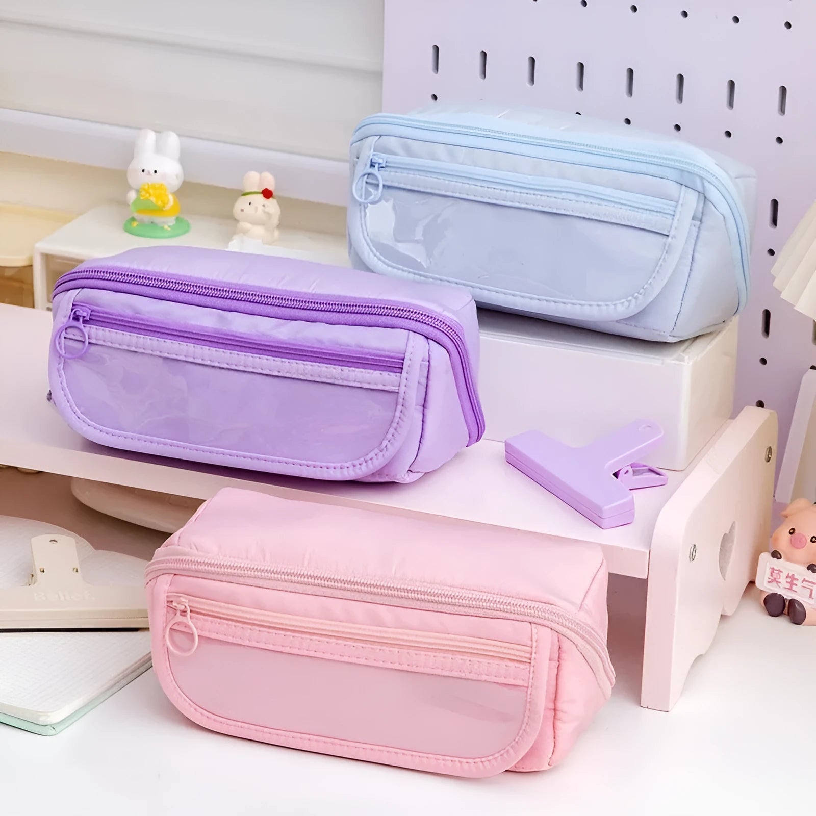 Korean style canvas pencil box with ten-layer flip design open showing multiple compartments for pens and pencils