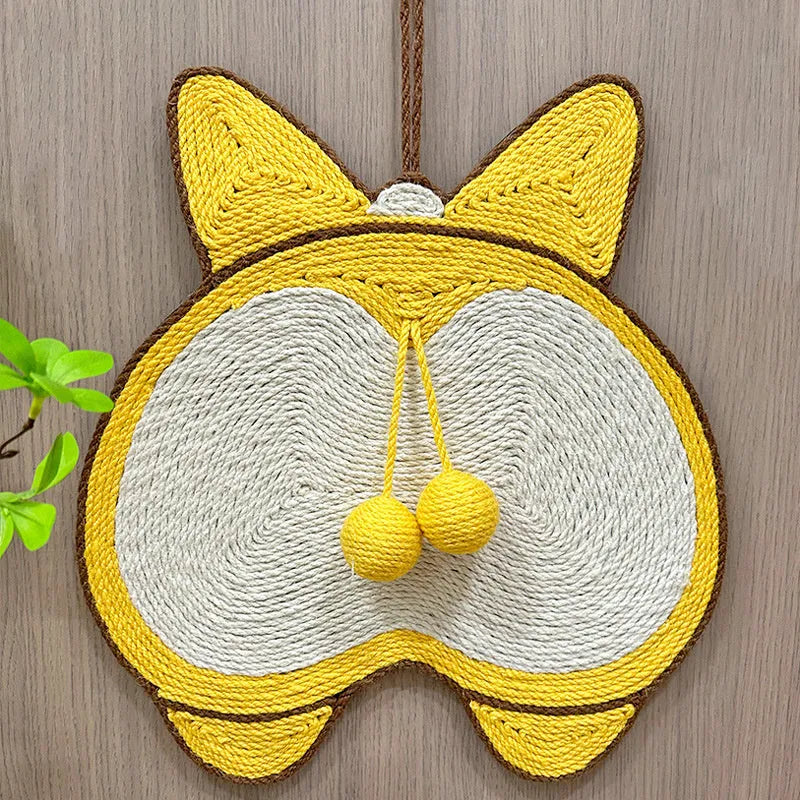 Yellow Corgi-design sisal cat scratching pad with anti-slip base and hanging hooks