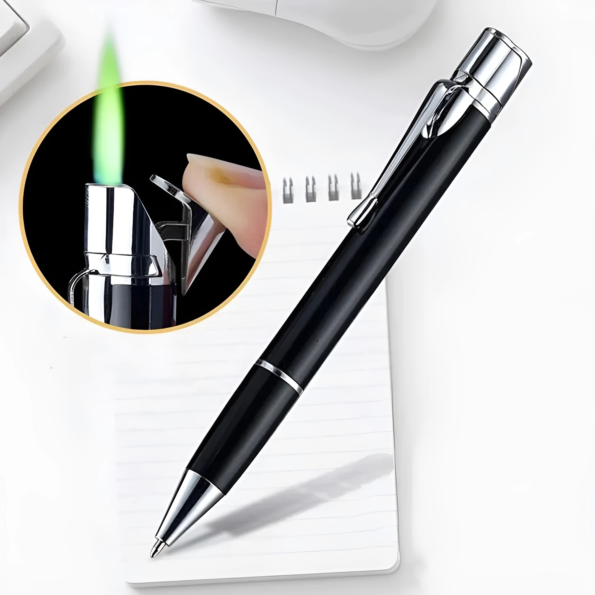 Metal refillable jet pen lighter with windproof torch flame in silver finish