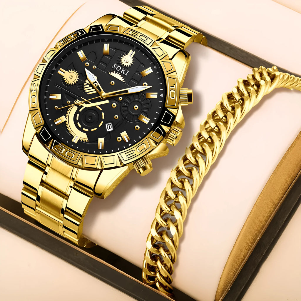 Men's gold stainless steel business quartz watch with calendar on wrist