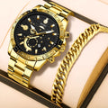 Men's gold stainless steel business quartz watch with calendar on wrist