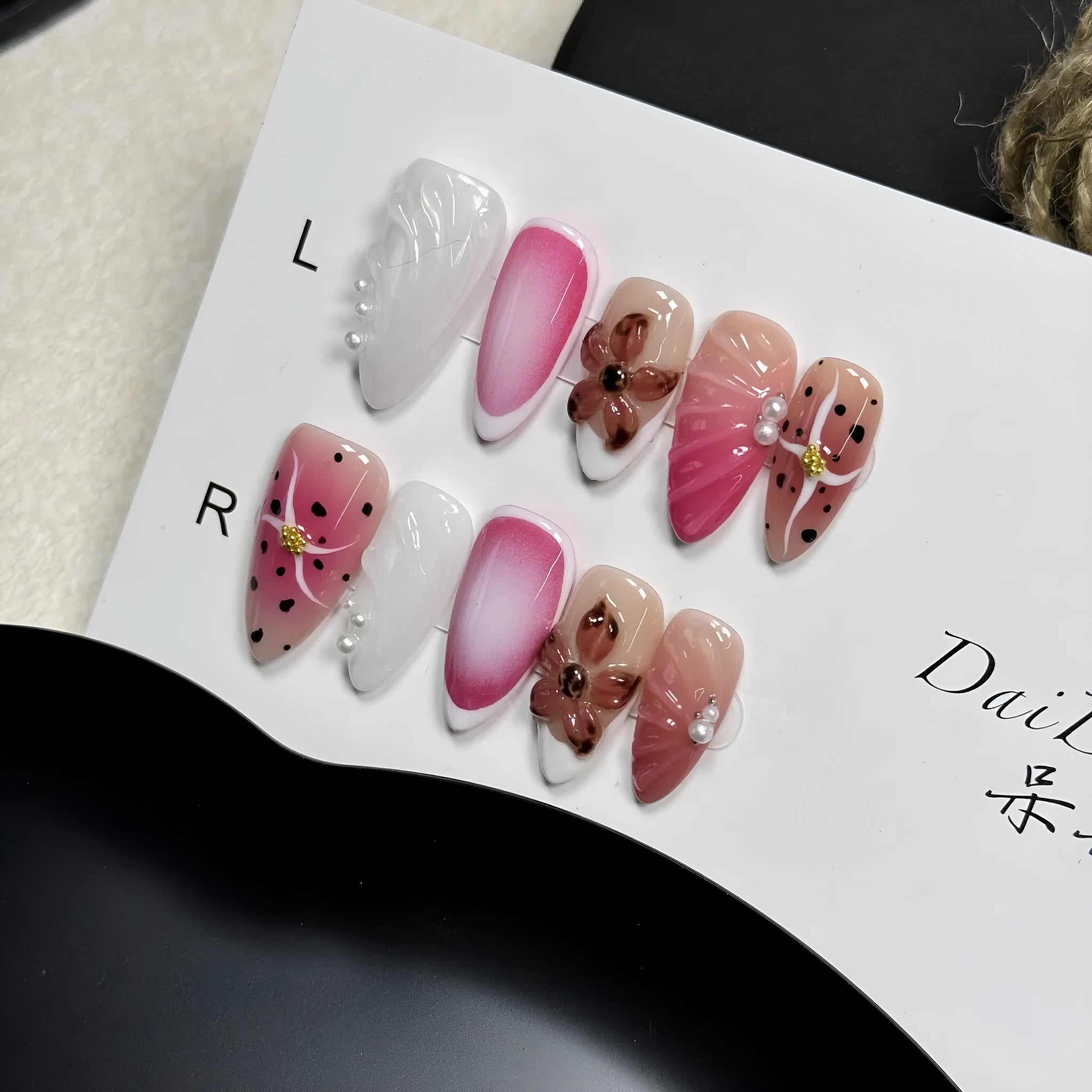 Hand-painted 3D carved nail beauty patches with embossed candy patterns in almond shape