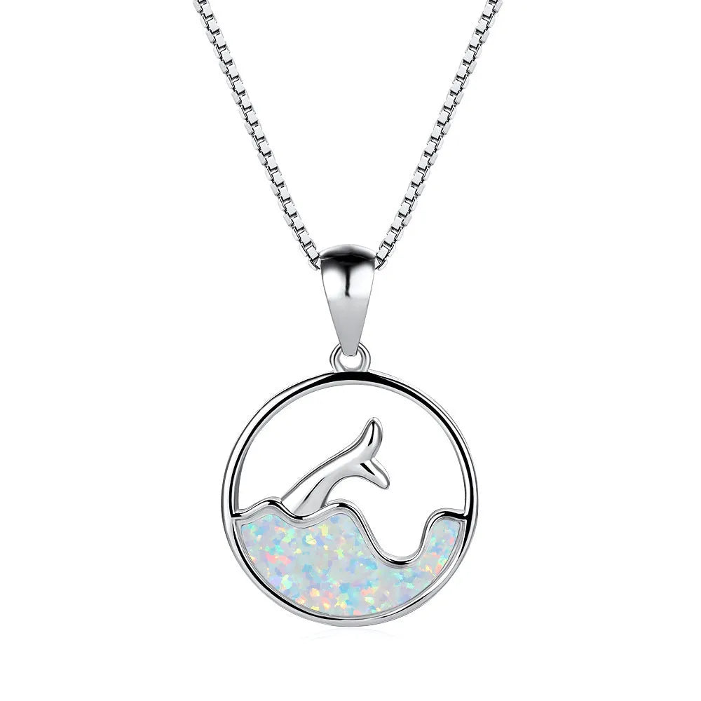 White gold electroplated copper sea fishtail necklace with geometric round pendant design