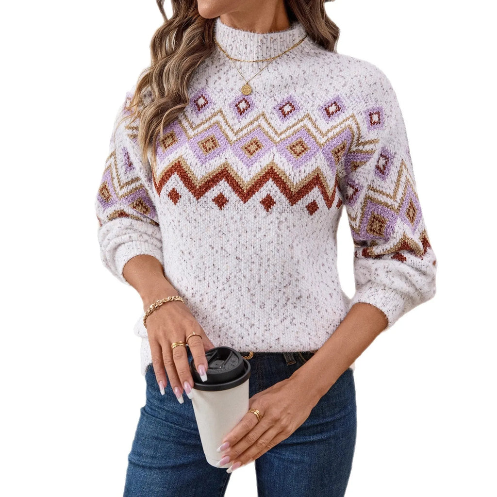 White geometric pattern half-turtleneck loose fit long sleeve chenille sweater