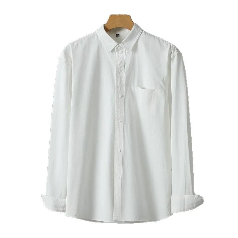 Men's purified cotton long sleeve cardigan shirt in solid colour, front view, available in multiple colours