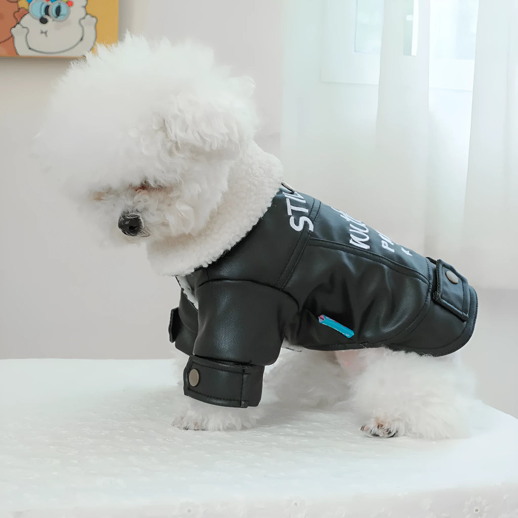 Fleece-lined padded dog coat on a hanger, shown in beige colour with size tag visible.