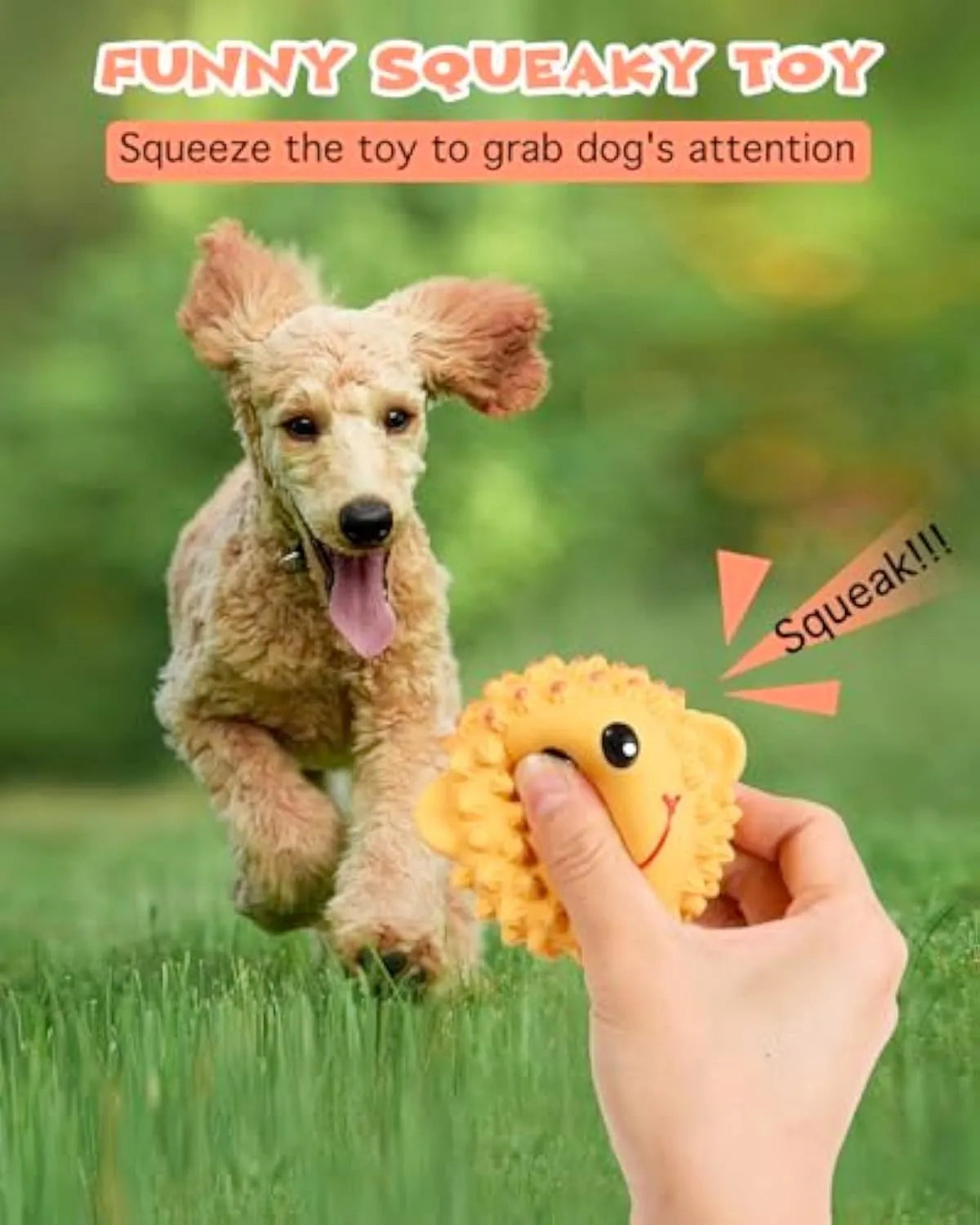 Orange and yellow spiky latex dog toys with a squeaker, shown next to a measuring tape indicating 3 inch diameter.