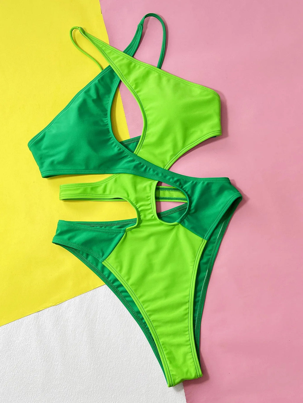 Green solid colour women's one-piece nylon swimsuit for swimming