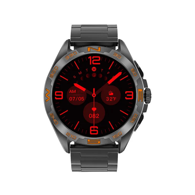 Black smartwatch on wrist displaying health stats, with options in silver, black steel, and silver steel finishes.