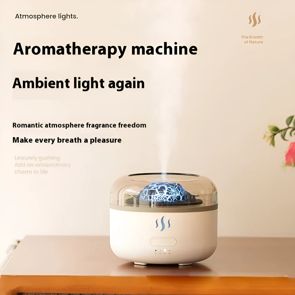 Simulation flame aroma diffuser in milky white plastic, round shape, with USB cord and water reservoir