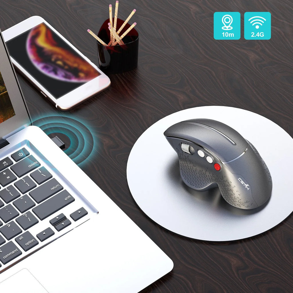 T32 wireless ergonomic vertical mouse in black matte finish showing aluminium side roller and USB receiver.