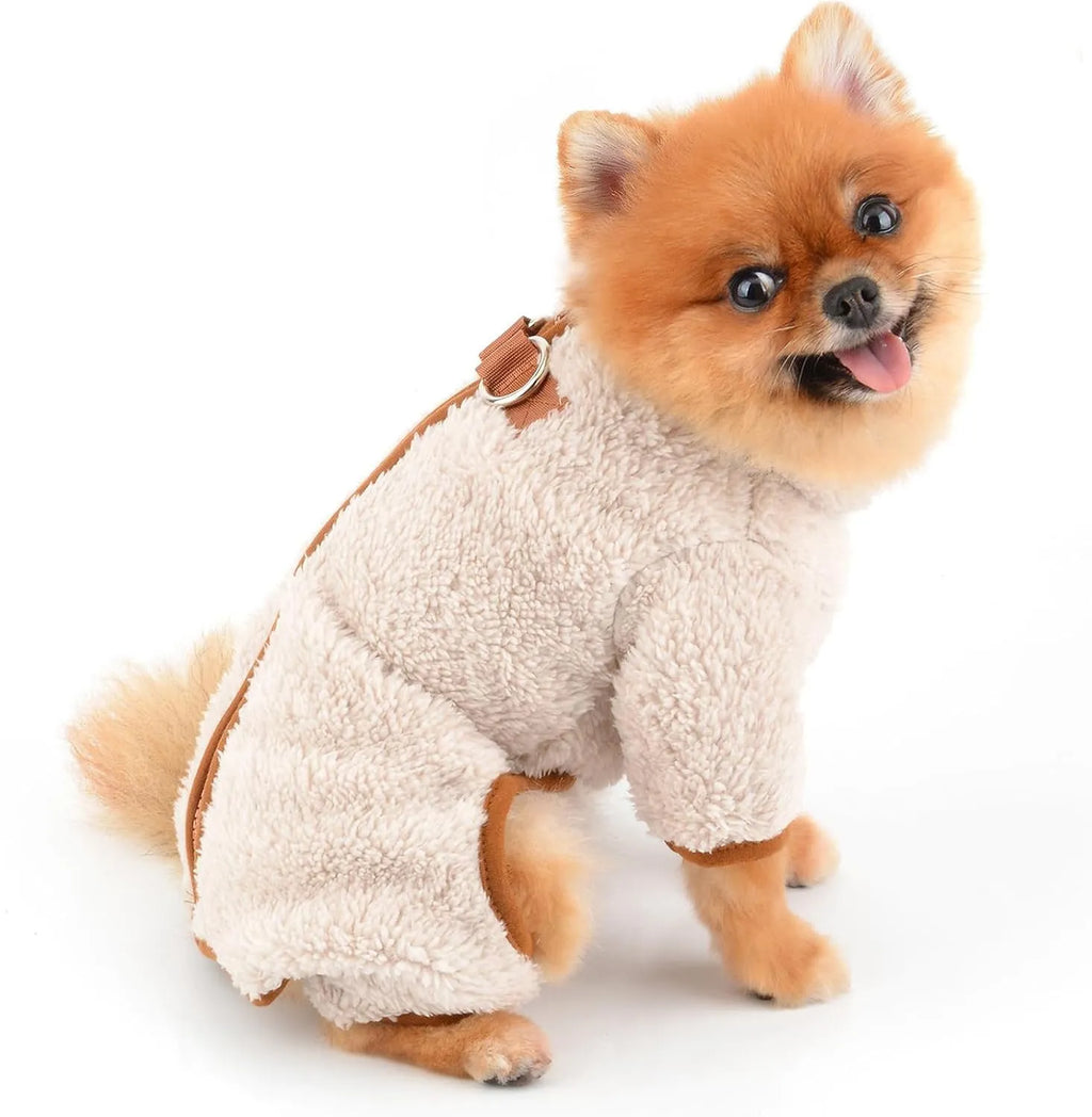 Green plush fleece dog coat with four-leg design and back zipper for small breed dogs