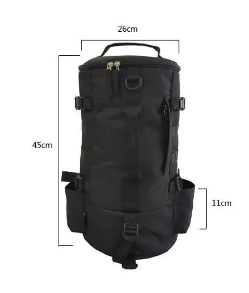 Outdoor cylindrical fishing gear backpack in black, 36-55L capacity, polyester fabric, 45x26x26cm