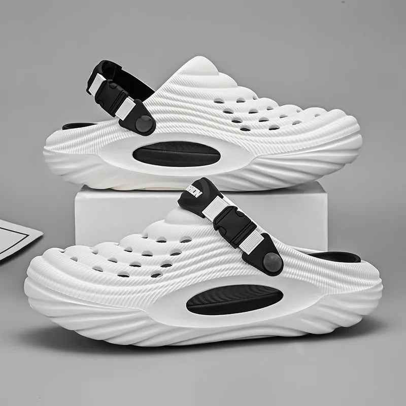 Men's black EVA casual slippers with hollow out pattern and platform sole