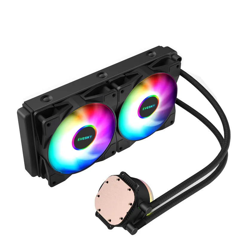 CPU radiator fan with RGB lighting in 120mm, 240mm, and 360mm sizes for gaming PC cooling