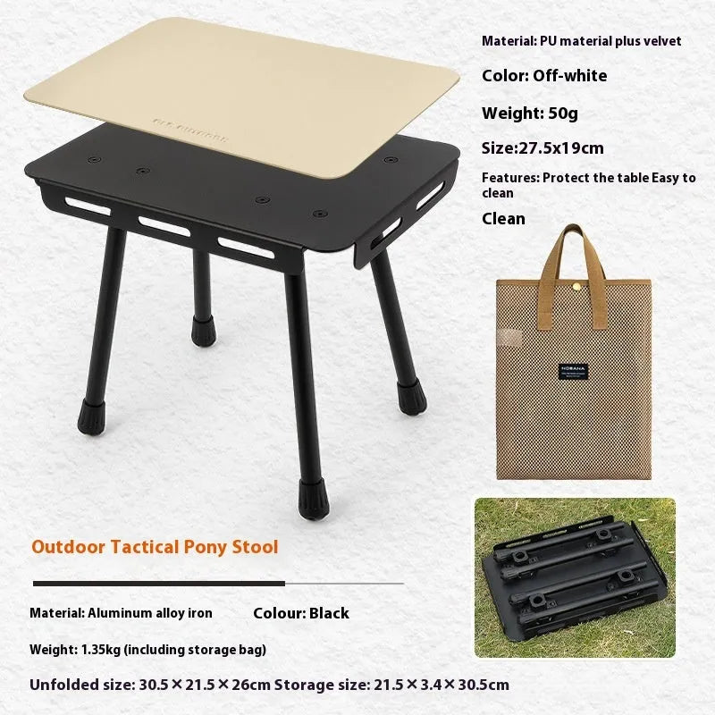 CLS Outdoor aluminium folding camping stool shown in table and stool modes with creamy-white PU cushion and storage bag.