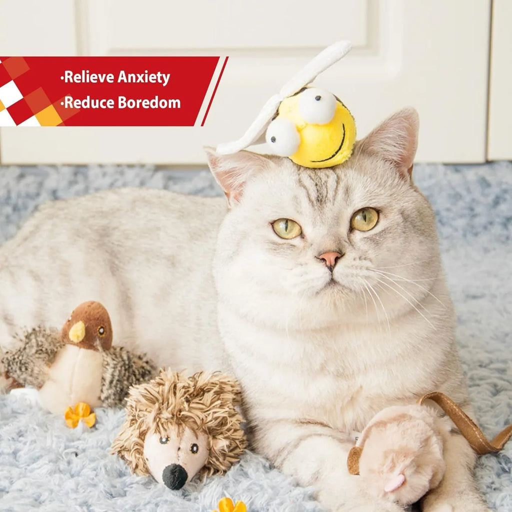 Yellow flannelette bee-shaped electronic cat toy with motion-activated chirping sound