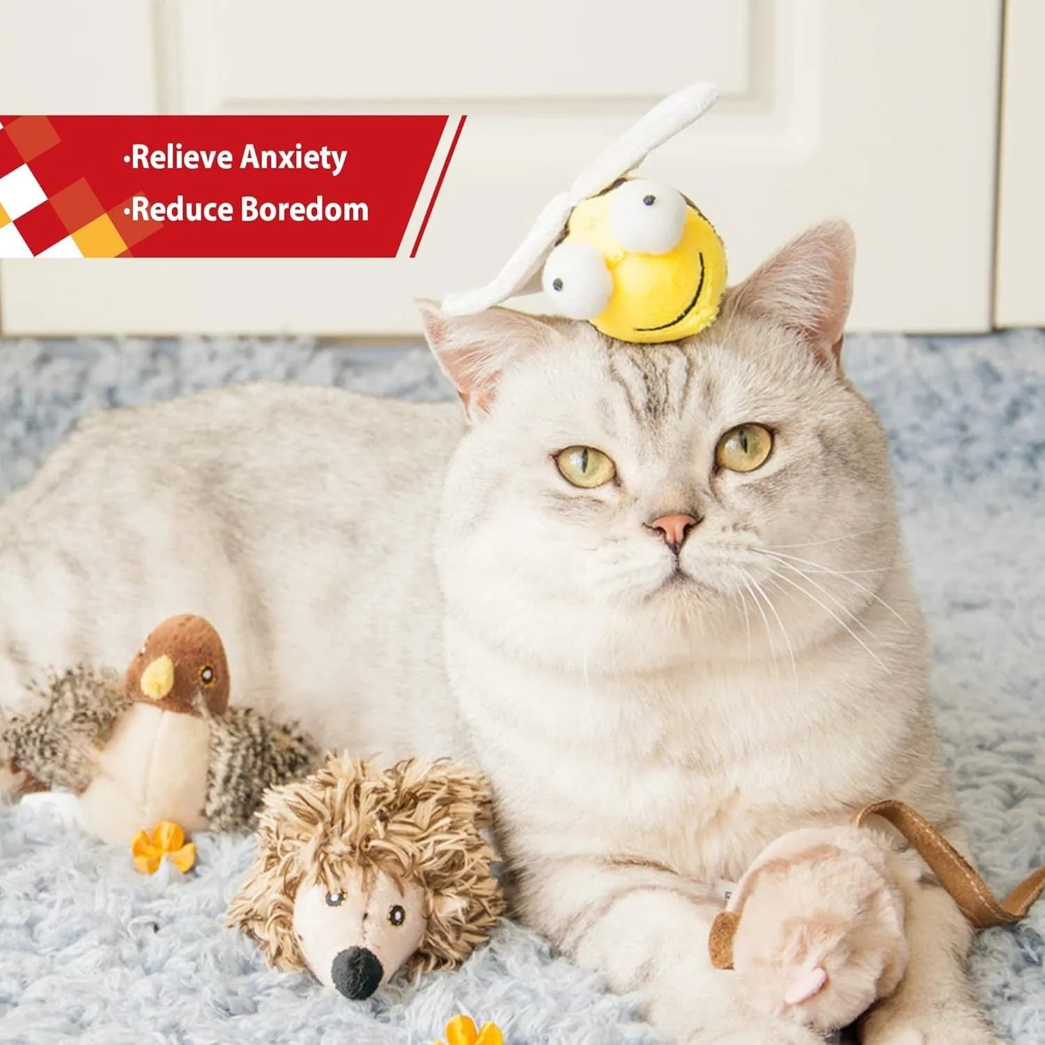 Yellow flannelette bee-shaped electronic cat toy with motion-activated chirping sound