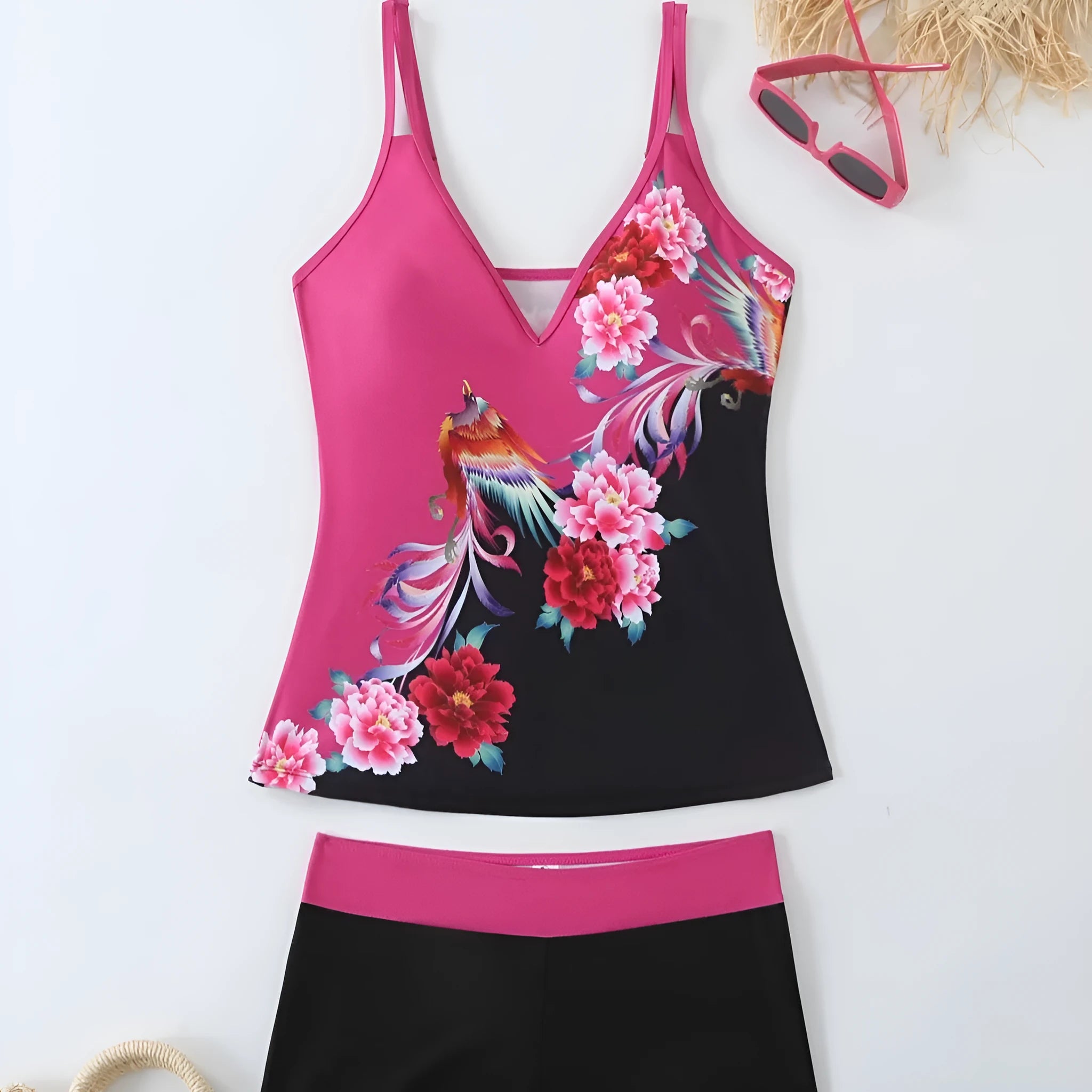 Plus size women's swimsuit set in black or rose red with cotton lining and polyester fabric