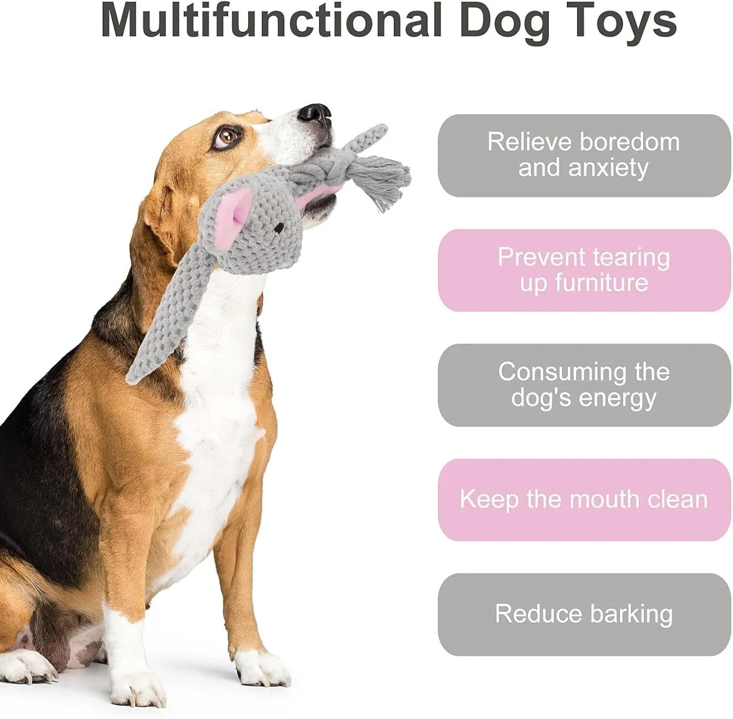Soft plush dog toy with cotton rope, available as elephant, fox, monkey, pig, or rabbit, for small medium dogs.