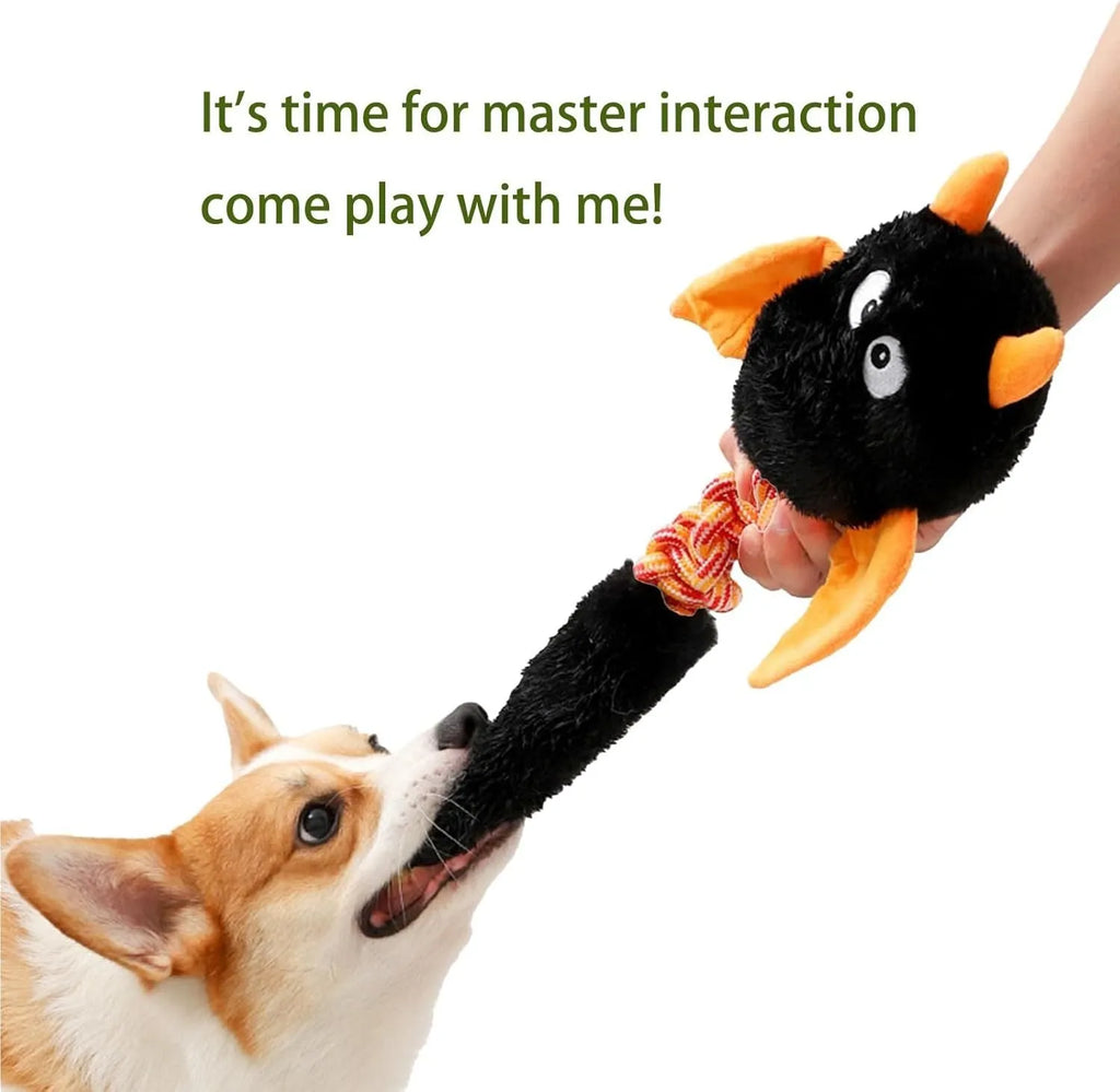 Plush dog toy with cartoon design in assorted colours showing squeaker and rope knot details
