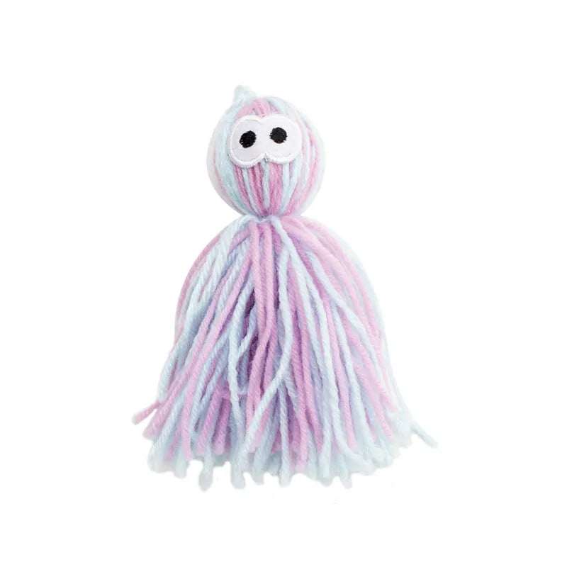 Wool ball cat toy in pink and blue colours with hanging attachment
