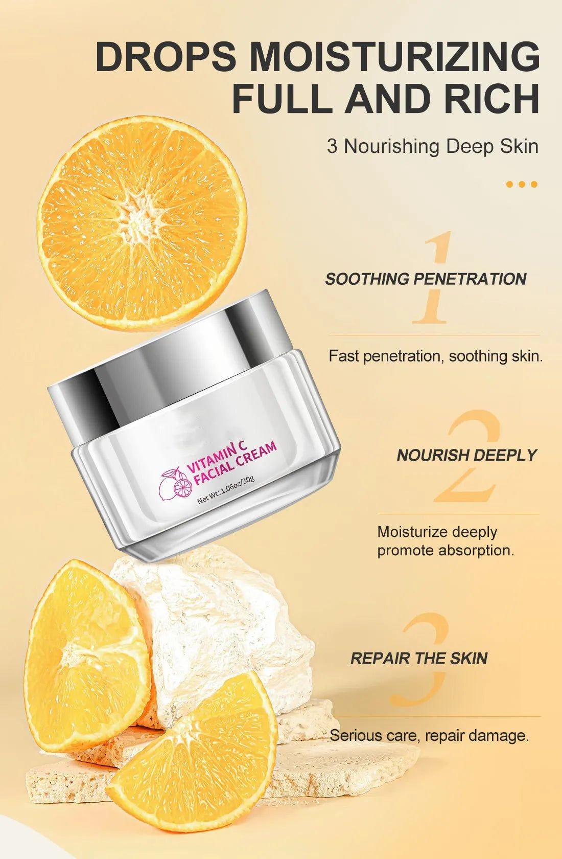 30g Vitamin C face cream in a white 6x6x5.2cm jar on a plain background.