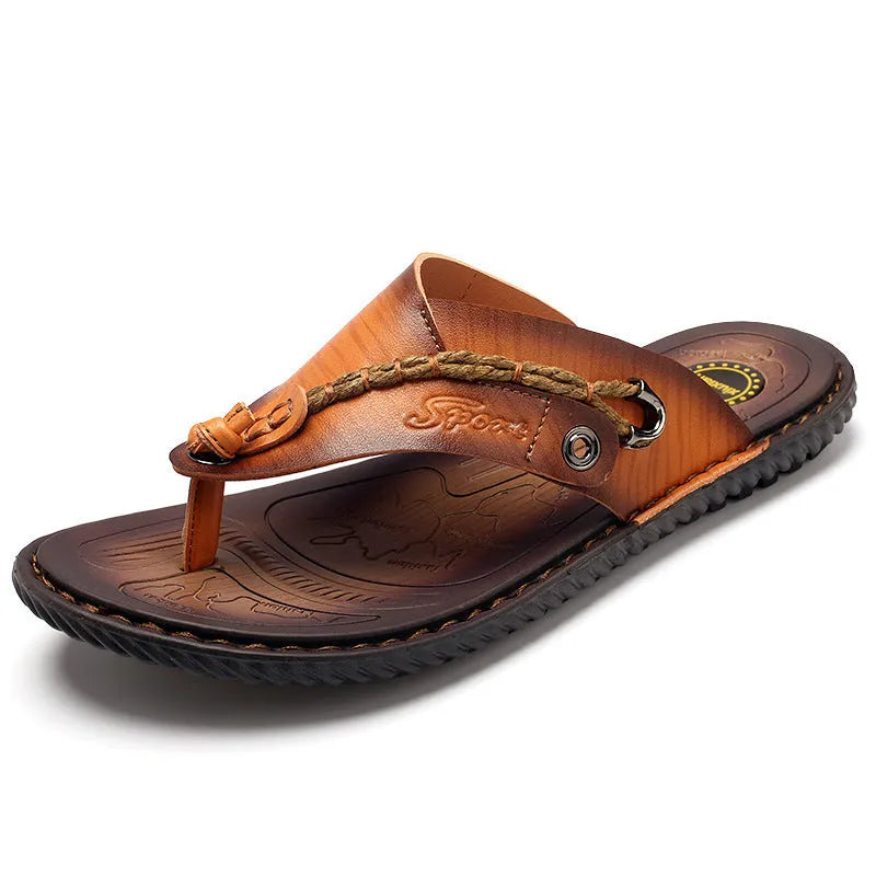 Men's casual slippers with PU leather upper in four colour options showing non-slip sole design