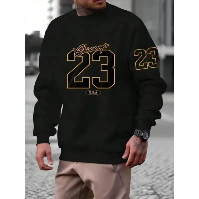 Men's art letter design fleece sweatshirt pullover in black, front view