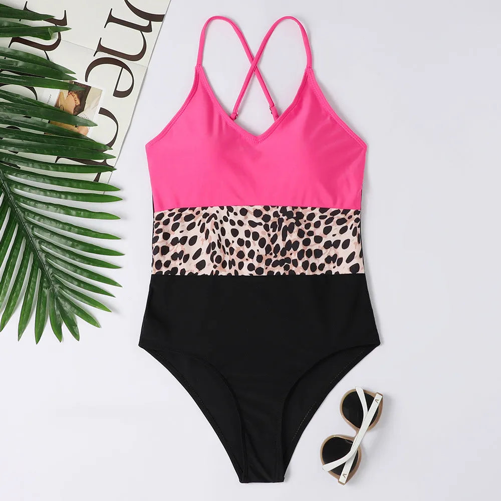 Bikini contrast colour swimsuit for women with leopard print, brief style, spandex lining, polyester outer